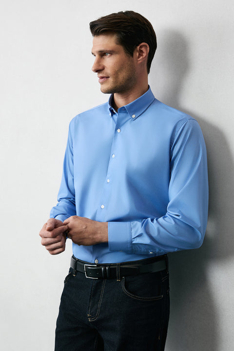 Aqua Mavisi Uzun Kol Regular Fit Düğmeli Yaka Pamuklu Non Iron Ütü Gerektirmeyen Gömlek