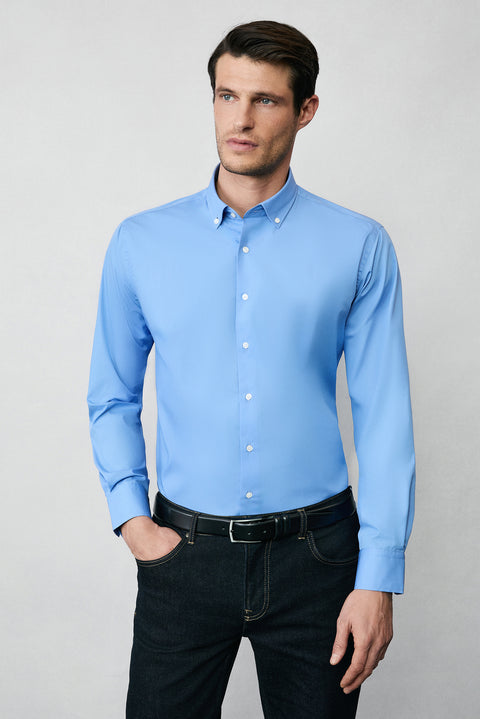 Aqua Mavisi Uzun Kol Regular Fit Düğmeli Yaka Pamuklu Non Iron Ütü Gerektirmeyen Gömlek