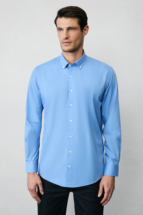 Aqua Mavisi Uzun Kol Regular Fit Düğmeli Yaka Pamuklu Non Iron Ütü Gerektirmeyen Gömlek