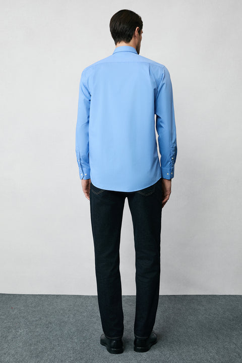 Aqua Mavisi Uzun Kol Regular Fit Düğmeli Yaka Pamuklu Non Iron Ütü Gerektirmeyen Gömlek