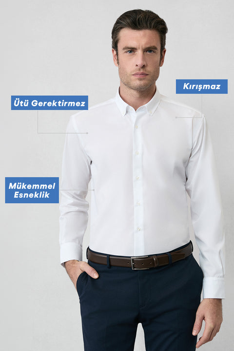 Beyaz Uzun Kol Regular Fit Düğmeli Yaka Pamuklu Non Iron Ütü Gerektirmeyen Gömlek