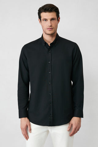  Siyah Uzun Kol Regular Fit Düğmeli Yaka Pamuklu Kolay Ütülenebilir 4 Mevsim Oxford Gömlek