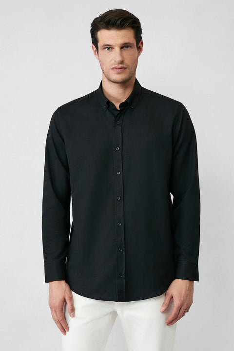 Siyah Uzun Kol Regular Fit Düğmeli Yaka Pamuklu Kolay Ütülenebilir Oxford 4 Mevsim Gömlek