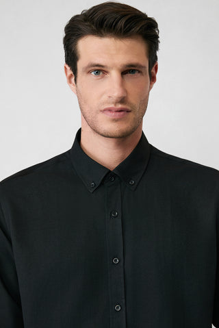  Siyah Uzun Kol Regular Fit Düğmeli Yaka Pamuklu Kolay Ütülenebilir 4 Mevsim Oxford Gömlek