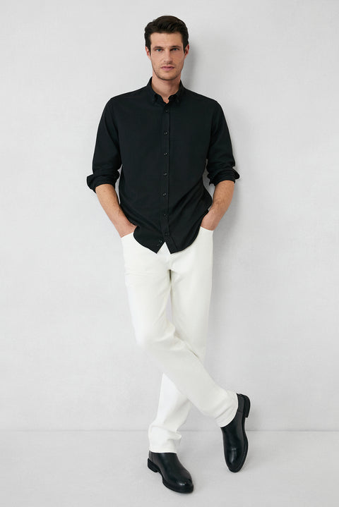 Siyah Uzun Kol Regular Fit Düğmeli Yaka Pamuklu Kolay Ütülenebilir Oxford 4 Mevsim Gömlek
