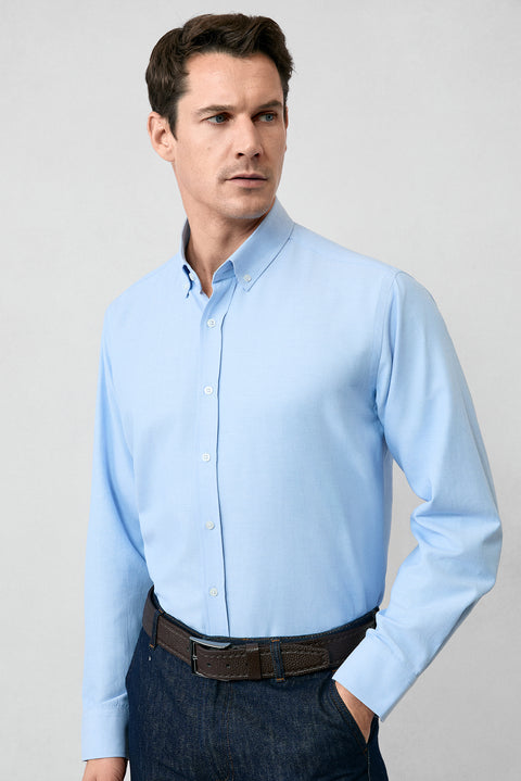 Açık Mavi Uzun Kol Regular Fit Düğmeli Yaka Pamuklu Kolay Ütülenebilir Oxford 4 Mevsim Gömlek