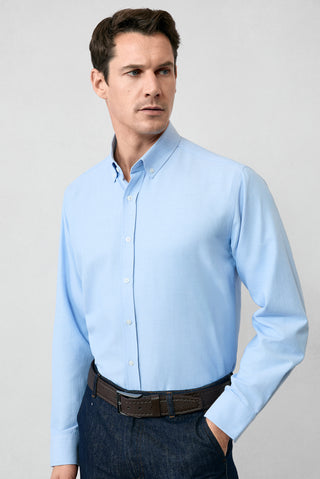  Açık Mavi Uzun Kol Regular Fit Düğmeli Yaka Pamuklu Kolay Ütülenebilir Oxford 4 Mevsim Gömlek