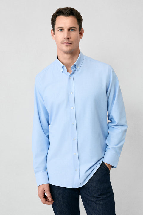 Açık Mavi Uzun Kol Regular Fit Düğmeli Yaka Pamuklu Kolay Ütülenebilir Oxford 4 Mevsim Gömlek