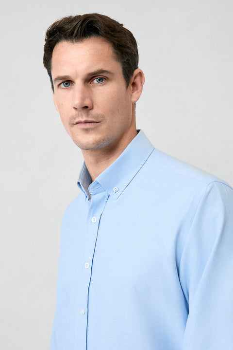 Açık Mavi Uzun Kol Regular Fit Düğmeli Yaka Pamuklu Kolay Ütülenebilir Oxford 4 Mevsim Gömlek