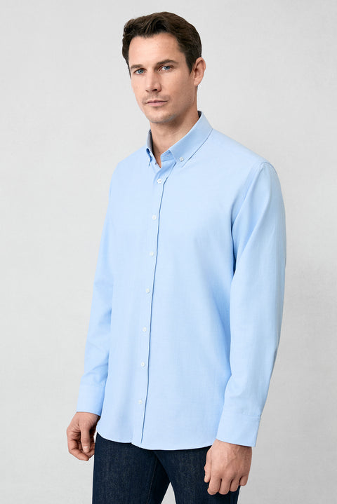 Açık Mavi Uzun Kol Regular Fit Düğmeli Yaka Pamuklu Kolay Ütülenebilir Oxford 4 Mevsim Gömlek