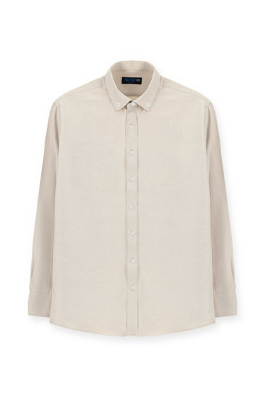 Orta Bej Uzun Kol Regular Fit Düğmeli Yaka Pamuklu Kolay Ütülenebilir 4 Mevsim Oxford Gömlek