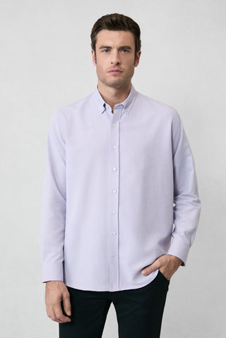  Lila Uzun Kol Regular Fit Düğmeli Yaka Pamuklu Kolay Ütülenebilir Oxford 4 Mevsim Gömlek