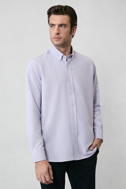 Lila Uzun Kol Regular Fit Düğmeli Yaka Pamuklu Kolay Ütülenebilir Oxford 4 Mevsim Gömlek