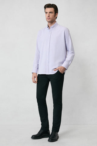  Lila Uzun Kol Regular Fit Düğmeli Yaka Pamuklu Kolay Ütülenebilir Oxford 4 Mevsim Gömlek