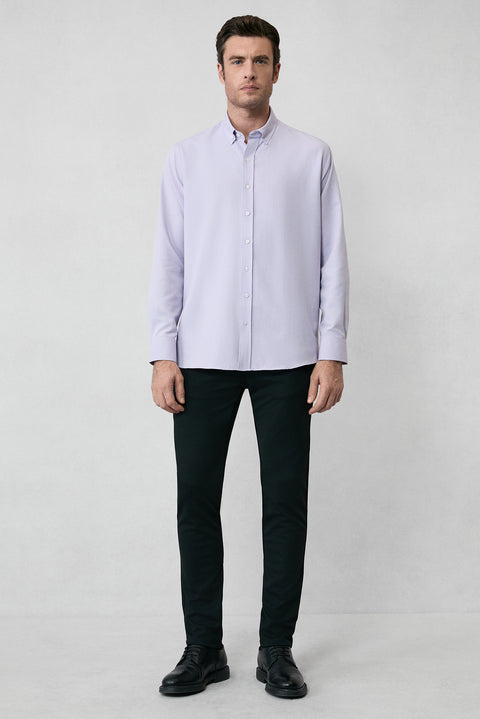 Lila Uzun Kol Regular Fit Düğmeli Yaka Pamuklu Kolay Ütülenebilir Oxford 4 Mevsim Gömlek
