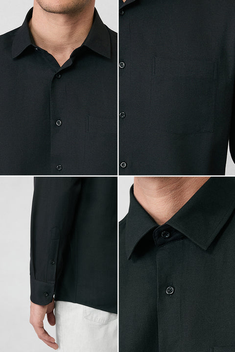 Siyah Uzun Kol Regular Fit Klasik Yaka Pamuklu Kolay Ütülenebilir Cepli Oxford 4 Mevsim Gömlek
