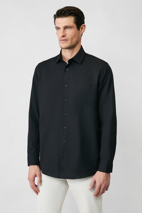 Siyah Uzun Kol Regular Fit Klasik Yaka Pamuklu Kolay Ütülenebilir Cepli Oxford 4 Mevsim Gömlek