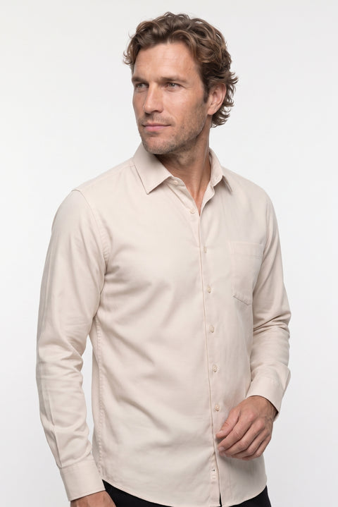 Medium Beige Long Sleeve Regular Fit Classic Collar Cotton Easy Iron Pocketed Oxford 4 Seasons Shirt