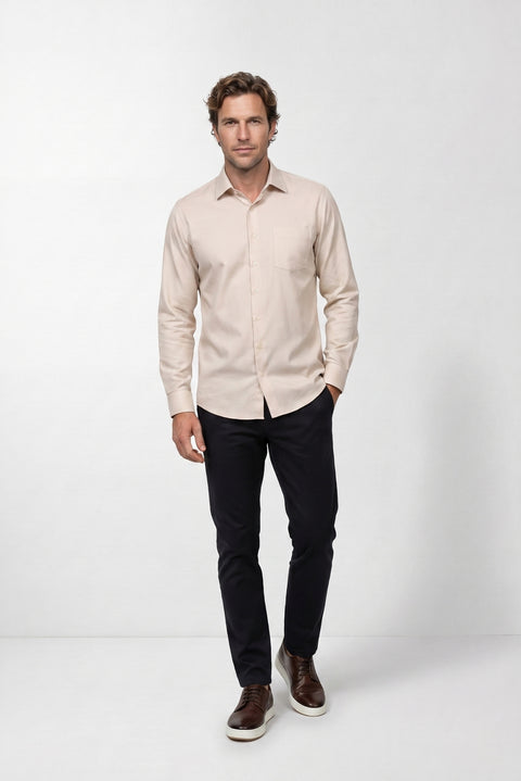 Medium Beige Long Sleeve Regular Fit Classic Collar Cotton Easy Iron Pocketed Oxford 4 Seasons Shirt