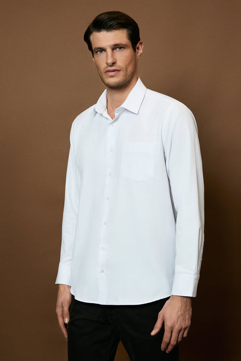 Beyaz Uzun Kol Regular Fit Klasik Yaka Pamuklu Kolay Ütülenebilir Cepli Oxford 4 Mevsim Gömlek
