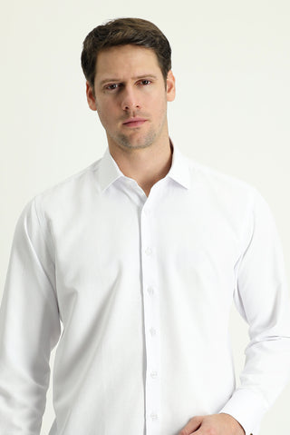  Beyaz Uzun Kol Klasik Desenli Manşetli Pamuklu Gömlek