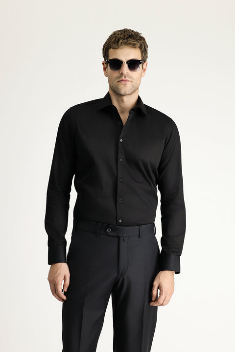 Siyah Uzun Kol Slim Fit Dar Kesim Klasik Su İtici Leke Tutmaz 4 Mevsim Pamuk Gömlek