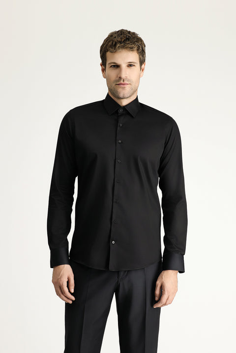 Siyah Uzun Kol Slim Fit Dar Kesim Klasik Su İtici Leke Tutmaz 4 Mevsim Pamuk Gömlek