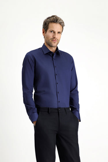 Koyu Lacivert Uzun Kol Slim Fit Dar Kesim Klasik Pamuk Gömlek