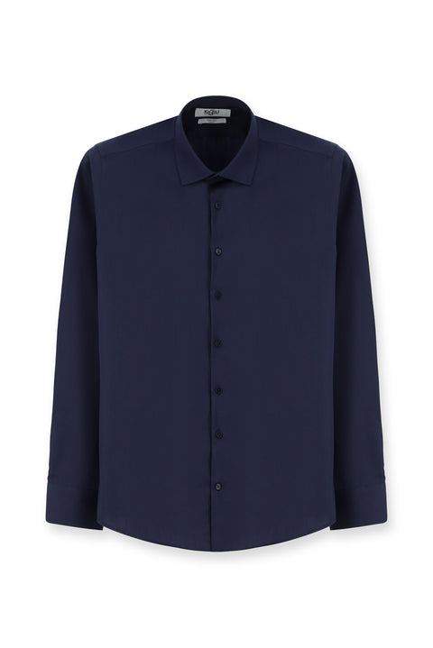 Koyu Lacivert Uzun Kol Slim Fit Dar Kesim Klasik Su İtici Leke Tutmaz 4 Mevsim Pamuk Gömlek