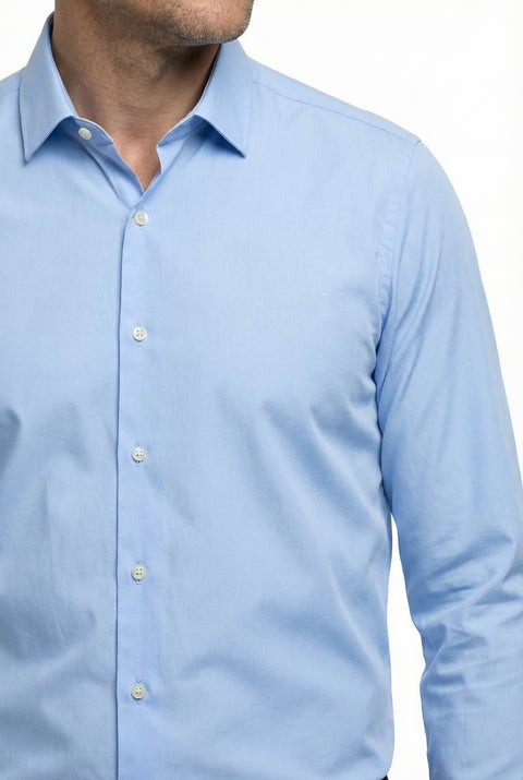 Açık Mavi Uzun Kol Slim Fit Dar Kesim Klasik Nano Care Su İtici Leke Tutmaz 4 Mevsim Pamuk Gömlek