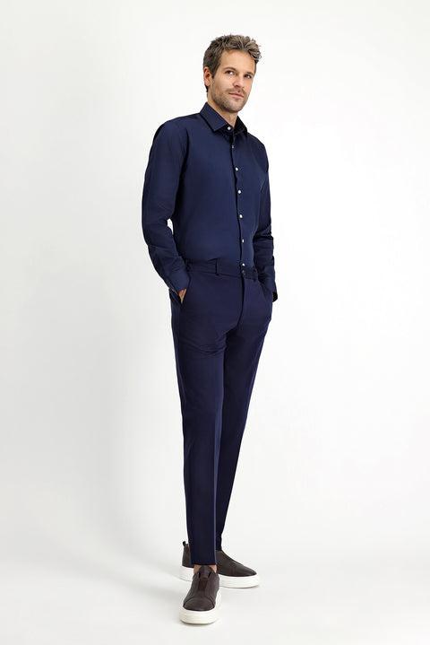 Koyu Lacivert Uzun Kol Slim Fit Dar Kesim Klasik Su İtici Leke Tutmaz 4 Mevsim Pamuk Gömlek