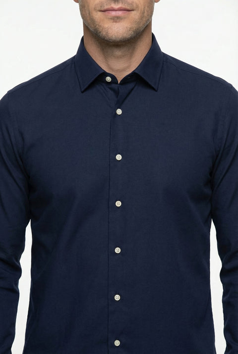 Koyu Lacivert Uzun Kol Slim Fit Dar Kesim Klasik Nano Care Su İtici Leke Tutmaz 4 Mevsim Pamuk Gömlek