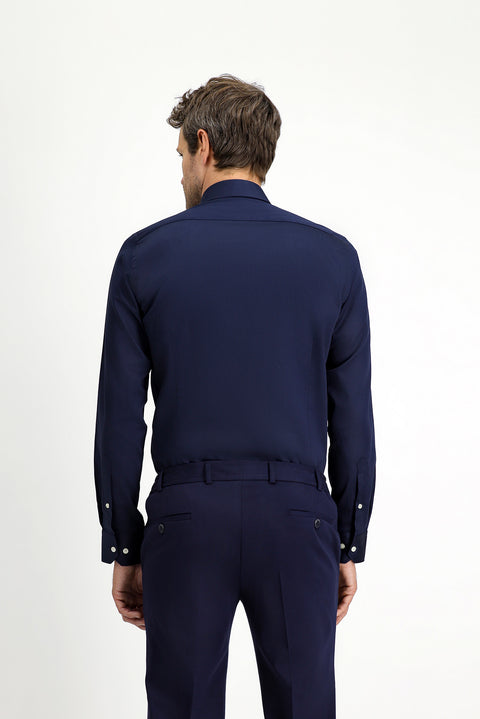 Koyu Lacivert Uzun Kol Slim Fit Dar Kesim Klasik Su İtici Leke Tutmaz 4 Mevsim Pamuk Gömlek