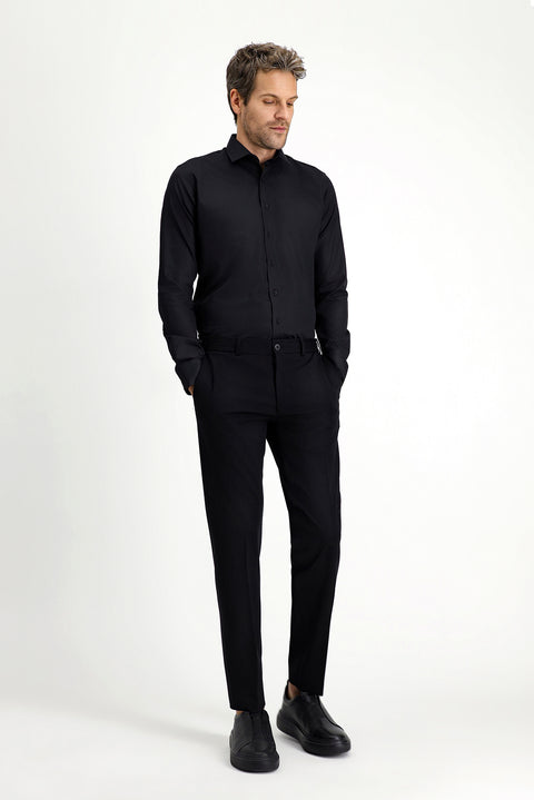 Siyah Uzun Kol Slim Fit Dar Kesim Klasik Non Iron Saten Pamuklu Gömlek