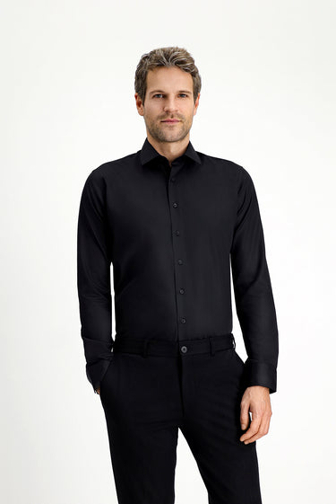  Siyah Uzun Kol Slim Fit Dar Kesim Klasik Non Iron Saten Pamuklu Gömlek
