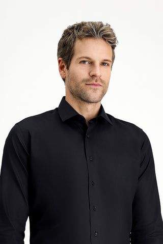  Siyah Uzun Kol Slim Fit Dar Kesim Klasik Non Iron Saten Pamuklu Gömlek