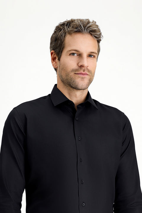 Siyah Uzun Kol Slim Fit Dar Kesim Klasik Non Iron Saten Pamuklu Gömlek