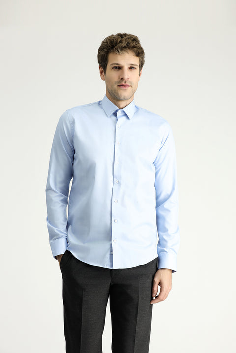 Uçuk Mavi Uzun Kol Slim Fit Dar Kesim Klasik Non Iron Saten Pamuklu Gömlek