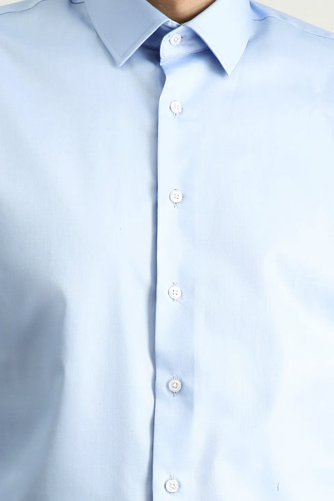Uçuk Mavi Uzun Kol Slim Fit Dar Kesim Klasik Non Iron Saten Pamuklu Gömlek