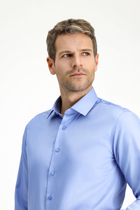 Açık Mavi Uzun Kol Slim Fit Dar Kesim Klasik Non Iron Saten Pamuklu Gömlek