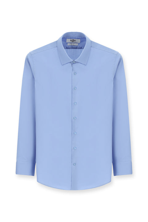 Açık Mavi Uzun Kol Slim Fit Dar Kesim Klasik Non Iron Saten Pamuklu Gömlek