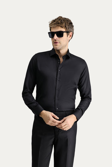 Siyah Uzun Kol Slim Fit Dar Kesim Non Iron Klasik Pamuklu Gömlek