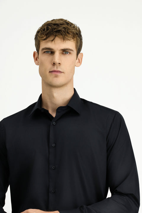 Siyah Uzun Kol Slim Fit Dar Kesim Klasik Non Iron Pamuklu Gömlek