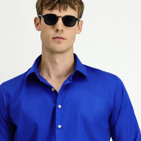 Saks Mavi Uzun Kol Slim Fit Dar Kesim Klasik Non Iron Pamuklu Gömlek