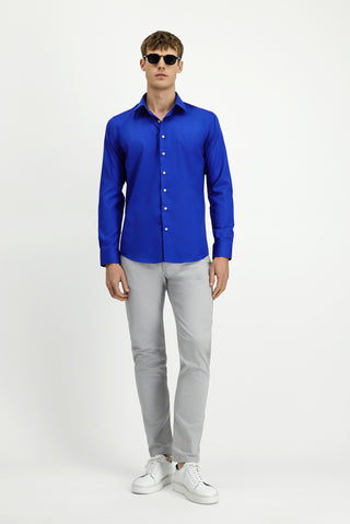  Saks Mavi Uzun Kol Slim Fit Dar Kesim Klasik Non Iron Pamuklu Gömlek