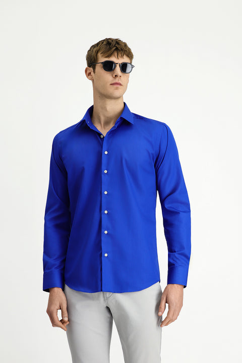 Saks Mavi Uzun Kol Slim Fit Dar Kesim Klasik Non Iron Pamuklu Gömlek