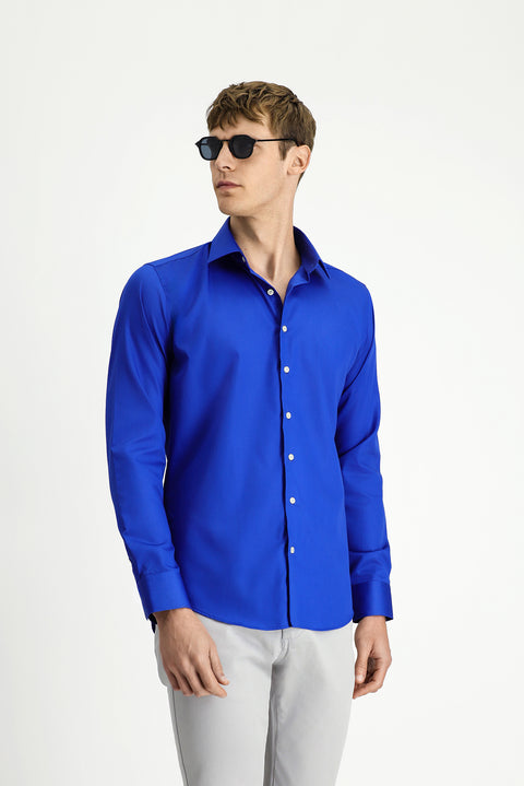 Saks Mavi Uzun Kol Slim Fit Dar Kesim Klasik Non Iron Pamuklu Gömlek