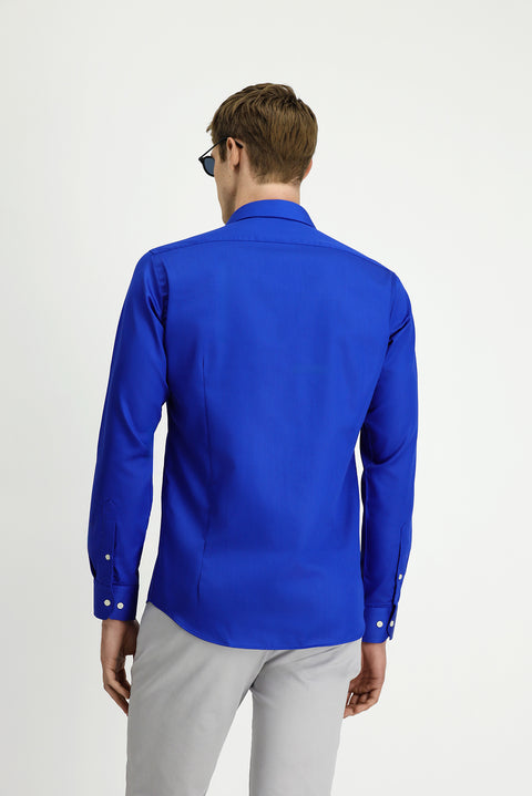 Saks Mavi Uzun Kol Slim Fit Dar Kesim Klasik Non Iron Pamuklu Gömlek