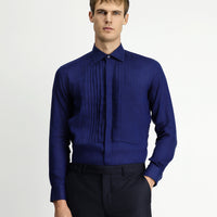 Koyu Lacivert Uzun Kol Klasik Piliseli Keten Gömlek