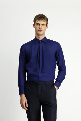  Koyu Lacivert Uzun Kol Klasik Piliseli Keten Gömlek